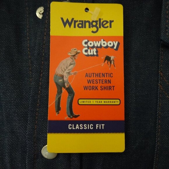 Wrangler Denim Shirt Men's Size L Blue Short Sleeve Pearl Snap Cowboy Cut - Picture 6 of 10